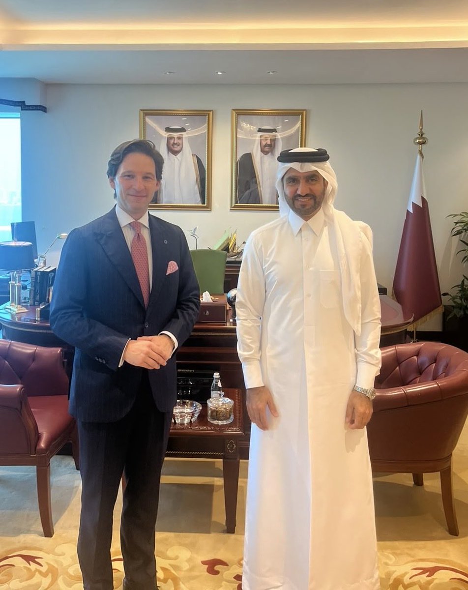 EUAmbQatar's tweet photo. Honoured to have my first meeting with H.E. Nayef Al-Emadi, Director of Arab Affairs at the Ministry of Foreign Affairs of Qatar.

A valuable exchange on EU-Qatar relations and our shared commitment to further strengthening our partnership and cooperation across areas of mutual interest.

I look forward to working closely together. 🇪🇺🇶🇦