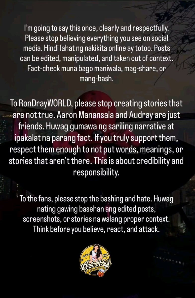 zqxpfl's tweet photo. Official statement from Audrayholics &amp; Miss Sasa, head admin of Audrayholics. Always verify information before believing or sharing, and remember to spread the truth and the truth only. 💛

Link to the original post below. https://t.co/shB0W2qDIY