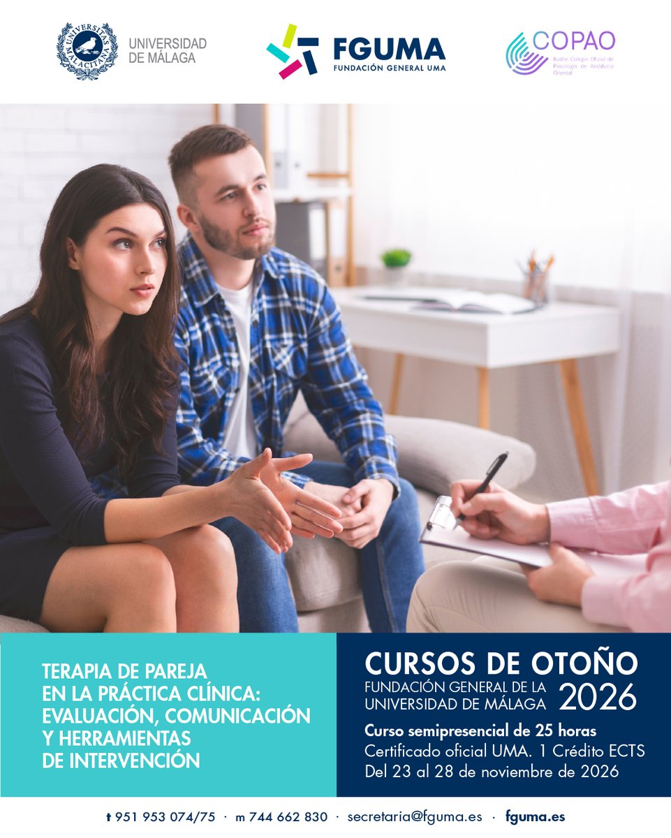 fguma's tweet photo. Organizamos junto a @COPORIENTAL estos dos Cursos de #otoñoFGUMA Terapia de pareja https://t.co/qm5eWVTIWw y Neurodesarrollo y psicología infantil https://t.co/4GBodQRCh3 Abiertos a cualquier persona interesada, diploma oficial de @InfoUMA https://t.co/iIGcdqi8YN