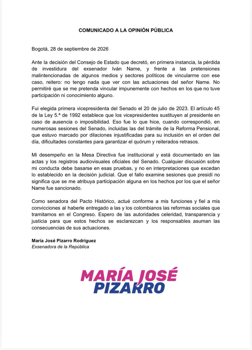 PizarroMariaJo's tweet photo. Ante la decisión del Consejo de Estado que decretó la pérdida de investidura del exsenador Iván Name, y frente a las pretensiones malintencionadas de algunos medios y sectores políticos de vincularme con ese caso, reitero: no tengo nada que ver con las actuaciones del señor Name. 

No permitiré que se me pretenda vincular impunemente con hechos en los que no tuve participación ni conocimiento alguno.