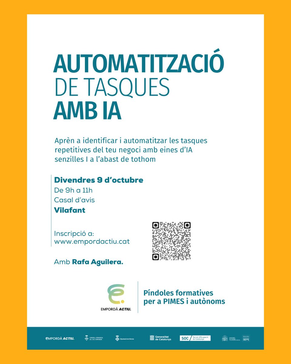 AjVilafant's tweet photo. Tens un negoci i vols millorar-lo?
Aprèn a identificar i automatitzar les tasques repetitives del teu negoci amb eines d'IA.
Fes la teva inscripció entrant el web https://t.co/INrruUJbZ1. https://t.co/s2D8PtKrQI