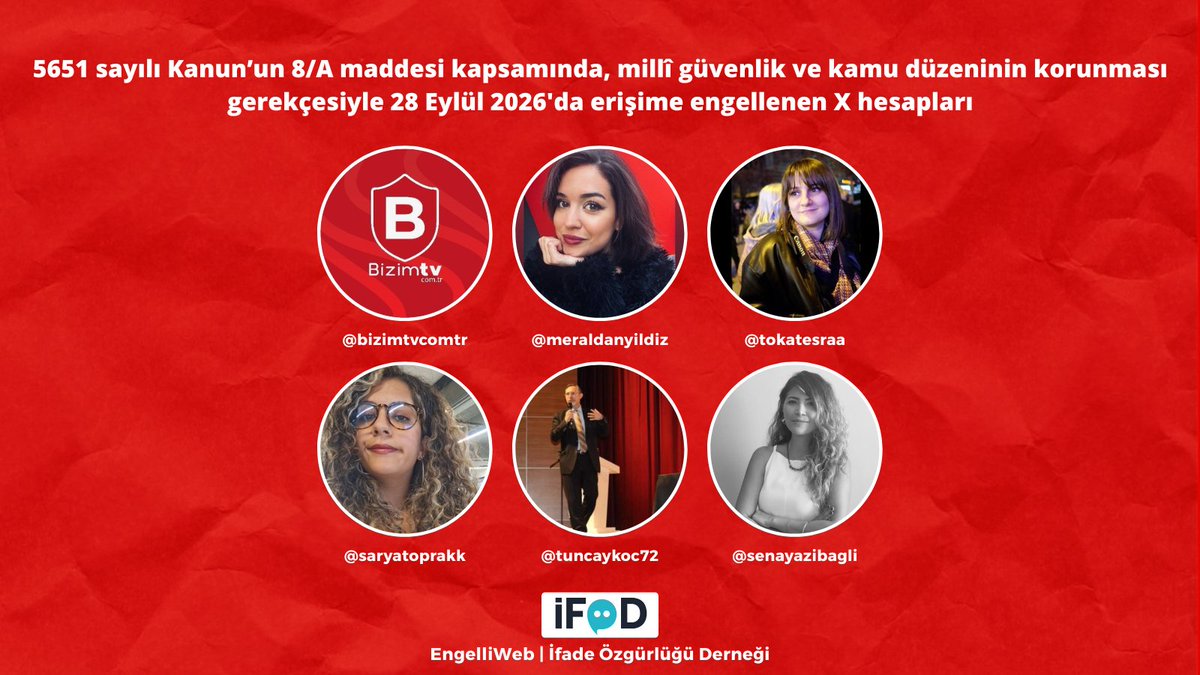 engelliweb's tweet photo. Bizim TV ile aralarında BirGün gazetesi muhabirleri Meral Danyıldız ve Sarya Toprak, ANKA Haber Ajansı adliye muhabiri Esra Tokat ile avukatlar Sena Yazıbağlı ve Tuncay Koç'un da bulunduğu en az 55 X hesabı erişime engellendi. https://t.co/MMEuVggoTs https://t.co/tjQK0dSN5G
