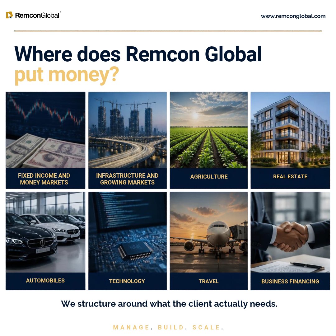 RemconGlobal's tweet photo. Where does Remcon Global put money?
Fixed income and money markets. Infrastructure and growing markets. Agriculture, real estate, automobiles, tech, travel. And financing for businesses that need capital to grow.
No single formula, we structure around your needs. https://t.co/oa5ZWIHpk9