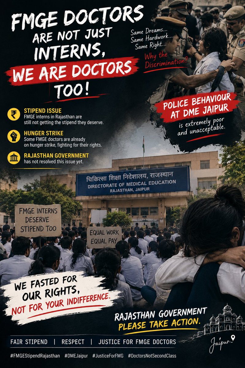 AakashAaku10's tweet photo. “Equal work. Equal responsibility. Equal dignity. Equal stipend.”
“We left our homes to serve patients; today, we are asking for our own rights.”
@KumariDiya
@BhajanlalBjp #FMGStipend #FMGSRajasthan #JusticeForFMGs #SameWorkSameStipend #FMGProtest #Rajasthan #Jaipur #DMEJaipur https://t.co/fnTfkzjkl0