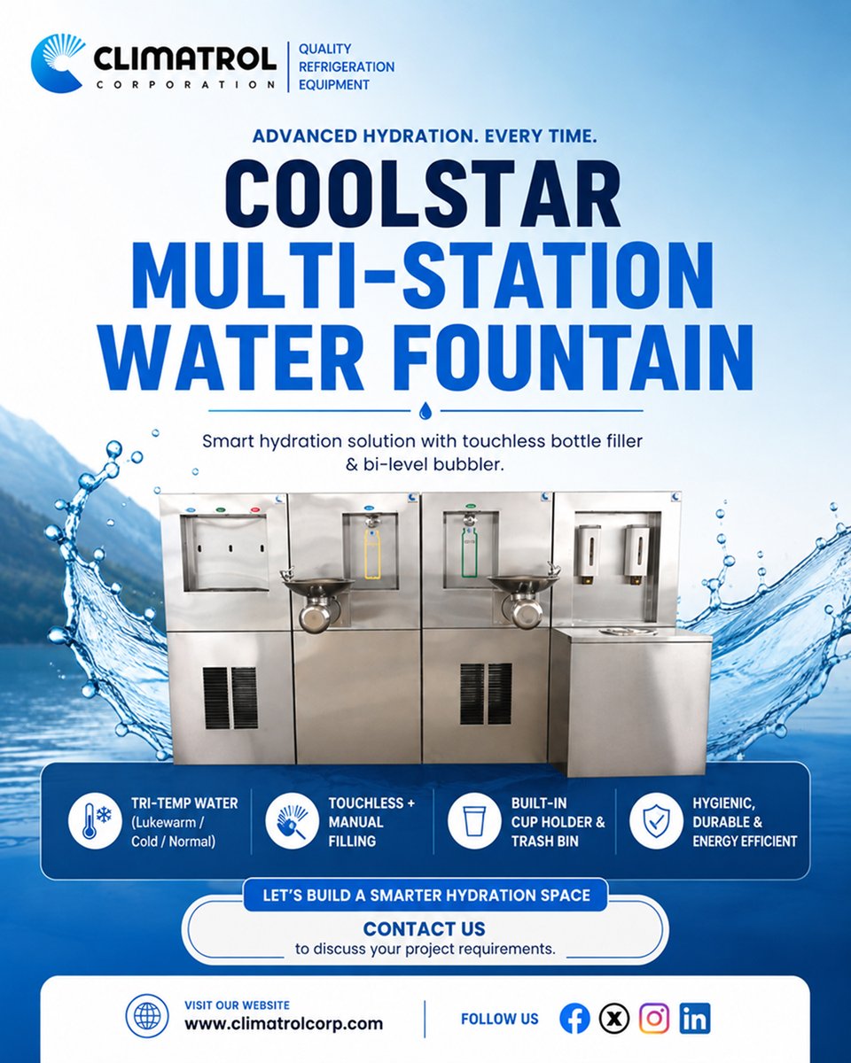Climatrol_in's tweet photo. Meet the Coolstar Multi-Station Water Fountain — a smart hydration solution designed for high-traffic spaces where convenience, hygiene, and efficiency matter.
📞 Let’s build a smarter hydration space. Contact us today.
🌐 https://t.co/Q1IfMd8tOV

#ClimatrolCorporation #Coolstar https://t.co/oKsRcfq0qN