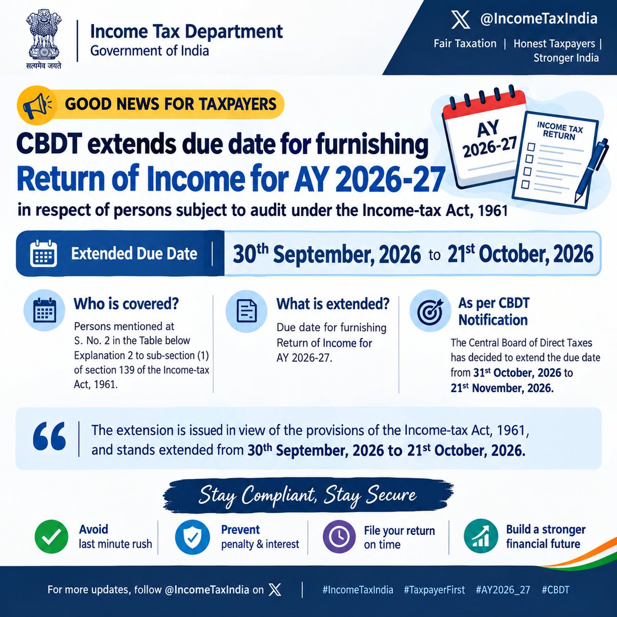 Legalidea's tweet photo. 📢 IMPORTANT TAX UPDATE | AY 2026–27The CBDT has extended the due date for filing the Income-tax Return for AY 2026–27 in cases covered under the tax-audit provisions.🔹 Original due date: 31 October 2026
🔹 Extended due date: 21 November 2026The corresponding specified date for furnishing the tax-audit report has also been extended from 30 September 2026 to 21 October 2026.✅ Taxpayers and professionals should use the additional time to ensure:
• Proper reconciliation of books & GST
• Accurate tax-audit reporting
• TDS/TCS reconciliation
• Correct computation of taxable income
• Timely filing without last-minute errorsExtension of time is not a reason to delay compliance—use it for accuracy and proper review.Official update: Income Tax Department — Official X Post#IncomeTax #CBDT #AY202627 #TaxAudit #IncomeTaxReturn #TaxCompliance #DirectTax #TaxProfessionals #TaxUpdate #IncomeTaxIndia