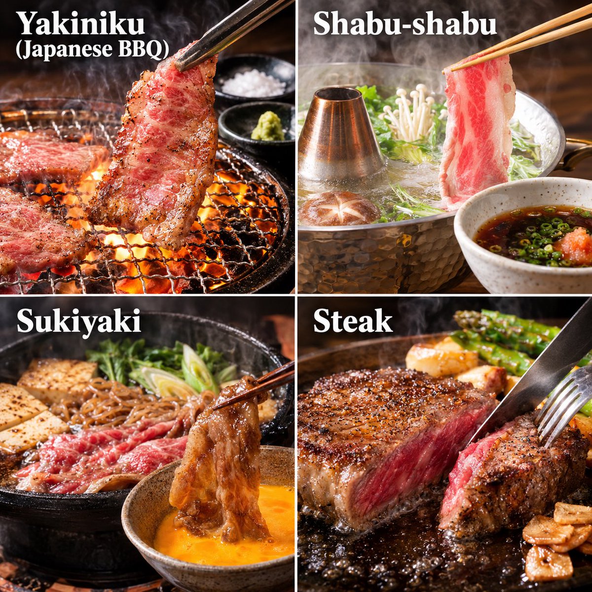 Bangkok_Beef's tweet photo. 【和牛4つの食べ方】をまとめました🥩

🥢しゃぶしゃぶ
極薄切りで脂を落としてさっぱりと…

🍲すき焼き
甘辛い割り下×卵のコク◎

🔥焼肉
網焼きで肉を香ばしく脂の甘みを引き出す。

🍽ステーキ
和牛香と肉汁を閉じ込める
ミディアムレアが至高✨

また、和牛や牛肉に
関する投稿していきます🐃 https://t.co/TSbIv0B0tj
