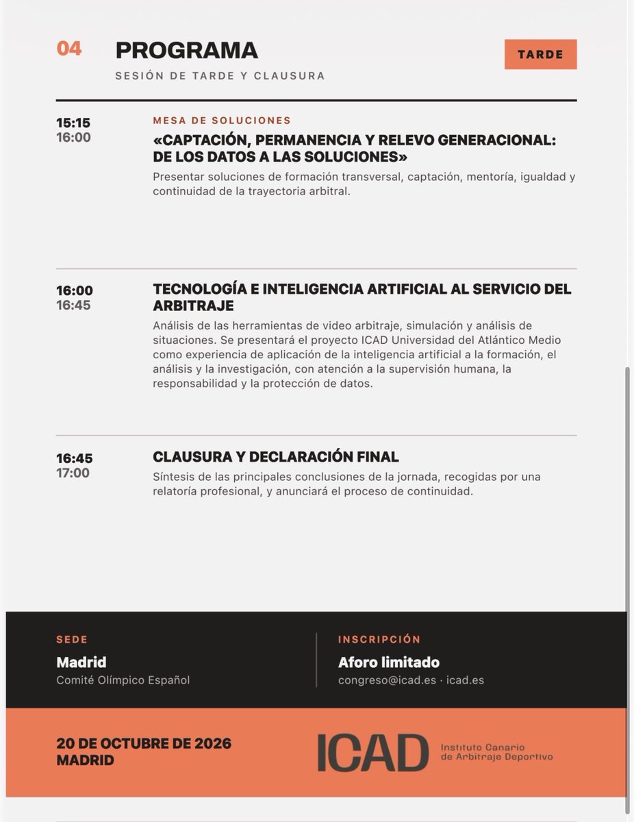 JMGarciaAranda's tweet photo. 🏆 I CONGRESO NACIONAL DE ARBITRAJE DEPORTIVO 
«El presente y el futuro del arbitraje deportivo»
El próximo 20 de octubre de 2026, la sede del Comité Olímpico Español (Madrid) acogerá un encuentro clave para analizar los retos del colectivo arbitral:
🔹 Gobernanza, independencia y calidad
🔹 Protección, bienestar y gestión de la presión
🔹 Captación, permanencia e igualdad de oportunidades
🔹 Tecnología e IA aplicadas al arbitraje
Organizado por el Instituto Canario de Arbitraje Deportivo (ICAD) con el Comité Olímpico Español (@COE_es )
📍 Dónde: Sede del COE, Madrid
🗓️ Cuándo: Martes, 20 de octubre de 2026
⚠️ Aforo limitado con inscripción 
https://t.co/5kqLUEB73K

#ArbitrajeDeportivo #CongresoICAD #DeporteEspaña #ComiteOlimpicoEspañol #Arbitros #IAdeporte #GobernanzaDeportiva