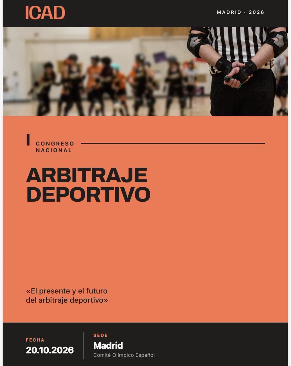 JMGarciaAranda's tweet photo. 🏆 I CONGRESO NACIONAL DE ARBITRAJE DEPORTIVO 
«El presente y el futuro del arbitraje deportivo»
El próximo 20 de octubre de 2026, la sede del Comité Olímpico Español (Madrid) acogerá un encuentro clave para analizar los retos del colectivo arbitral:
🔹 Gobernanza, independencia y calidad
🔹 Protección, bienestar y gestión de la presión
🔹 Captación, permanencia e igualdad de oportunidades
🔹 Tecnología e IA aplicadas al arbitraje
Organizado por el Instituto Canario de Arbitraje Deportivo (ICAD) con el Comité Olímpico Español (@COE_es )
📍 Dónde: Sede del COE, Madrid
🗓️ Cuándo: Martes, 20 de octubre de 2026
⚠️ Aforo limitado con inscripción 
https://t.co/5kqLUEB73K

#ArbitrajeDeportivo #CongresoICAD #DeporteEspaña #ComiteOlimpicoEspañol #Arbitros #IAdeporte #GobernanzaDeportiva