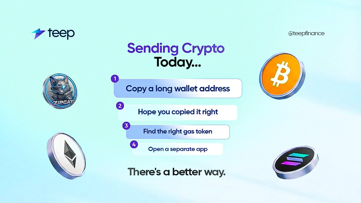 teepfinance's tweet photo. Tipping someone crypto in a group chat... 

You copy the wallet address.
Hope you copied it right.
Find gas money in a coin you don't even have.
Wait.

The horror! We present a much better way.
TEEP!

#web3 #TEEP #cryptotipping https://t.co/yP18jIFDvJ