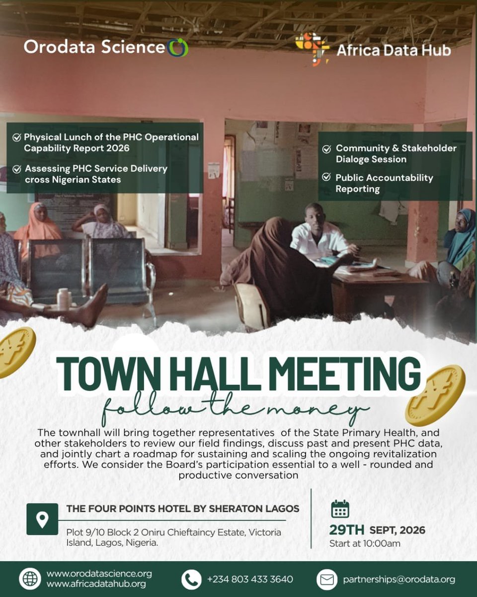 Orodata's tweet photo. From findings to action: What does the data reveal about Primary Health Centres across Nigeria, and how do we fix the gaps?

Join Orodata Science and Africa Data Hub as we launch the PHC Operational Capability Report 2026.

🗓 Tuesday, 29 Sept 2026
⏰ 10:00 AM
📍 Four Points by Sheraton, VI, Lagos

The data has highlighted the challenges. Now, let’s discuss the solutions.
#PublicHealth #HealthData