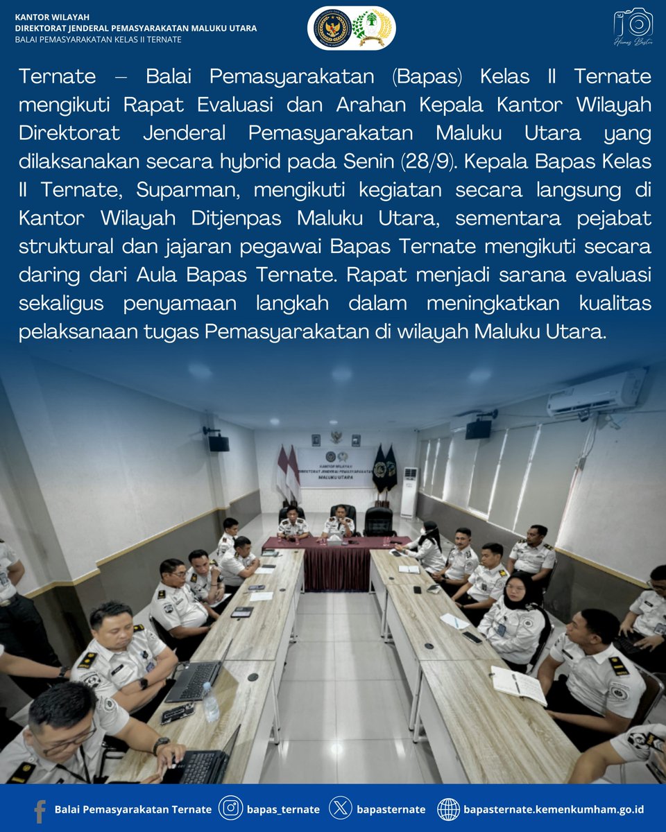 bapasternate's tweet photo. Bapas Ternate Ikuti Rapat Evaluasi Kanwil Ditjenpas Malut, Perkuat Kinerja dan Sinergi Pelaksanaan Tugas

#kemenimipas
#guardanguide
#infoimipas
#bapasternate
#humasbapasternate https://t.co/oKiQLA7vEo