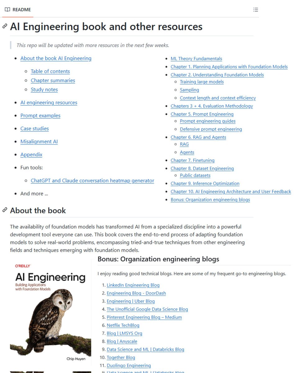 mdancho84's tweet photo. This GitHub is better than most $1,000 AI courses.

Chip Huyen's AI Engineering companion repo: https://t.co/OA2jbrpnKm