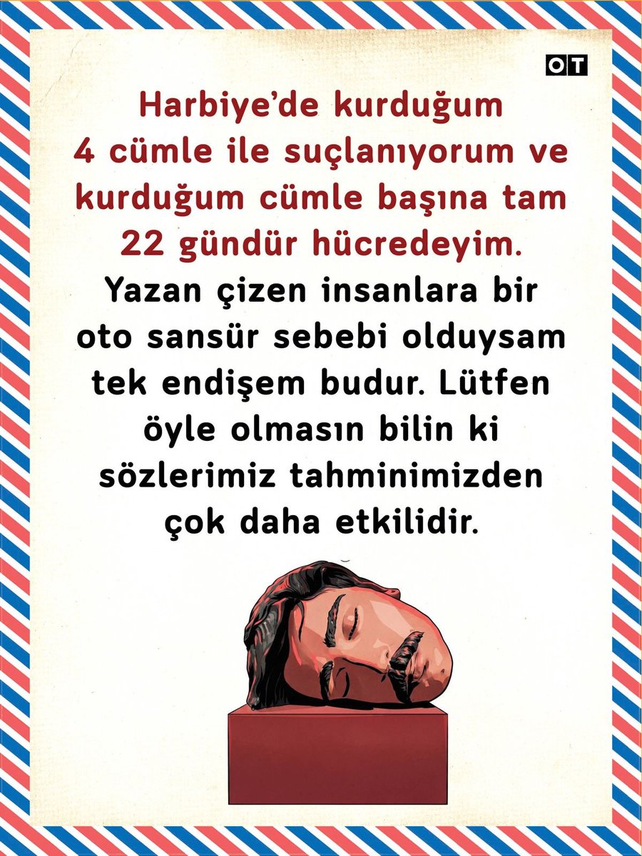 otdergi's tweet photo. "4 cümle ile suçlanıyorum ve kurduğum cümle başına tam 22 gündür hücredeyim.
 
Yazan çizen insanlara bir oto sansür sebebi olduysam tek endişem budur.

Yaptığım söylediğim her şey politik mizahi eleştiridir. Ve çıktığımda buna devam edeceğim." #DenizGöktaş https://t.co/iBeWmEfMZT
