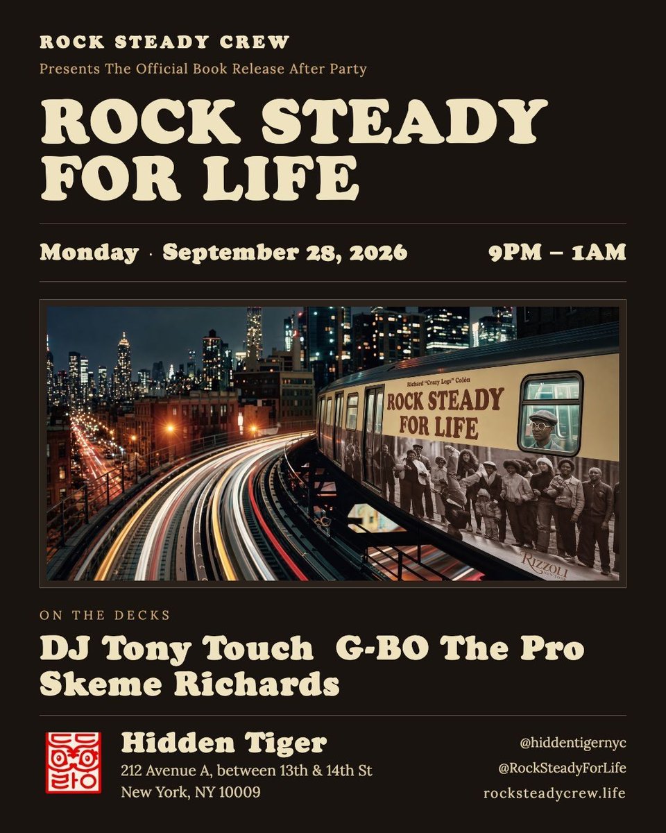 baragendanyc's tweet photo. Tonight at 9:00 PM at Hidden Tiger!
Rock Steady continues its book release celebration with an official after party dedicated to hip-hop culture and the legacy of the Rock Steady Crew. @djtonytouch leads the night alongside @gbothepro and @hotpeasandbutta
#NYCHipHop #NYCEvents https://t.co/gT3fT5pDcg