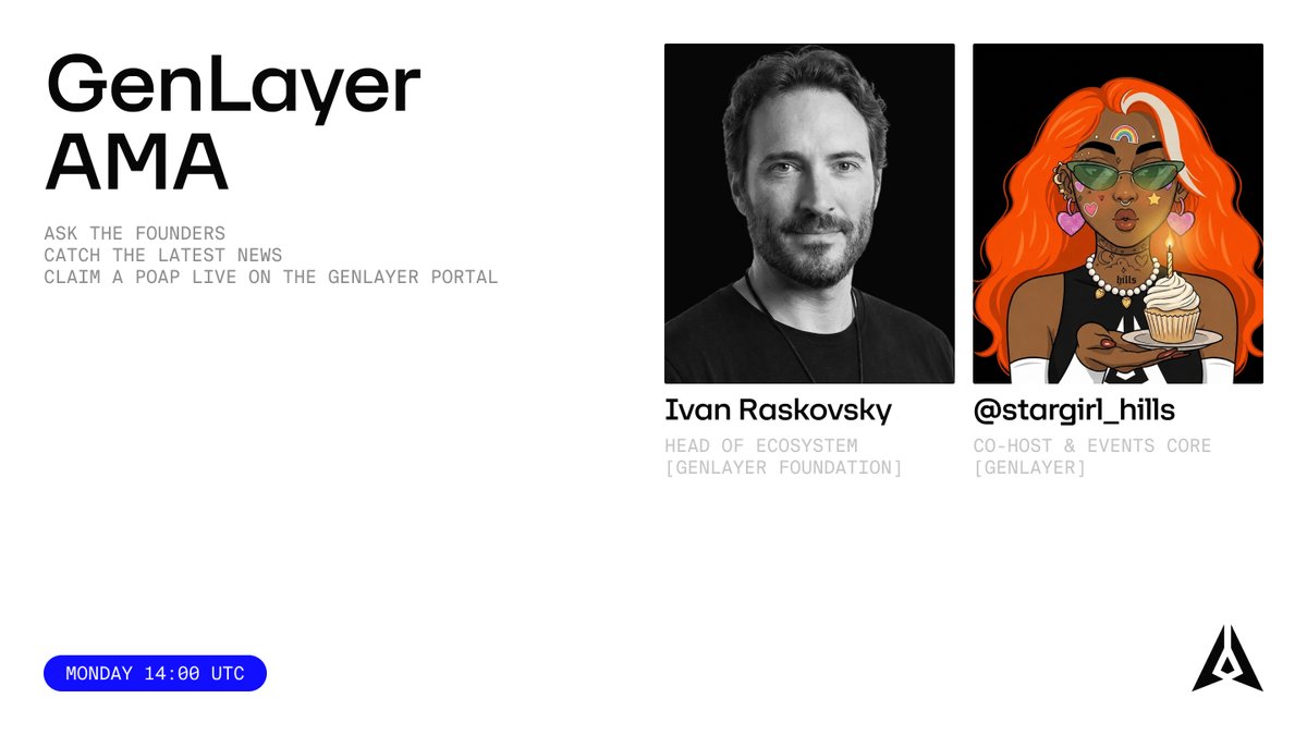 GenLayer's tweet photo. Tune in today for the latest updates from the GenLayer ecosystem.

@raskovsky will be live answering community questions.   

Set a reminder &amp; send yours 👇 https://t.co/PNaTNpIB0K