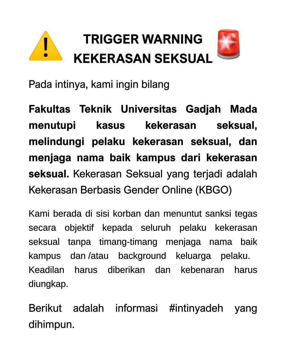 gikugm's tweet photo. TW Kekerasan Seksual di Fakultas Teknik Universitas Gadjah Mada

Utas https://t.co/051t6HVOcL
