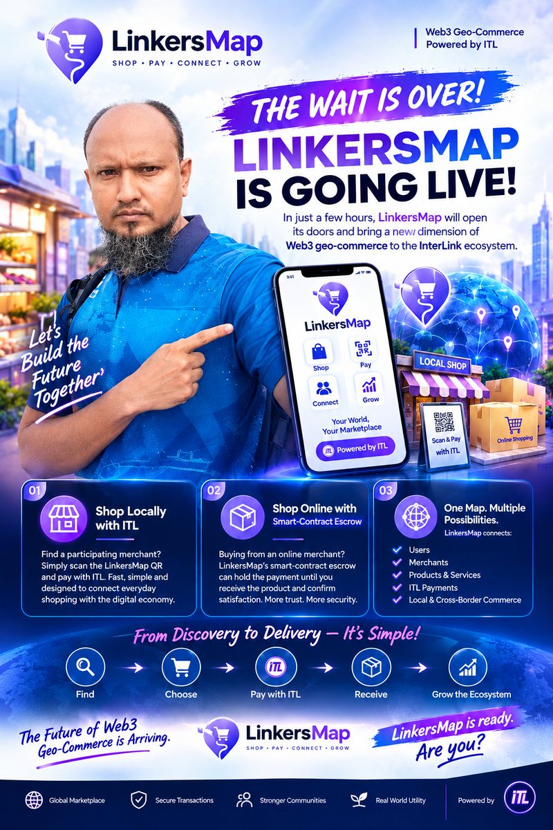 smkhan2020's tweet photo. 🚀 The countdown is almost over!
LinkersMap is bringing shopping, payments, and Web3 together in one powerful marketplace. Shop locally, trade globally, and pay securely with ITL.
The future of geo-commerce starts now. 🌍💜
#LinkersMap #InterLink #ITL #Web3 #GeoCommerce https://t.co/Uww7CG4A0T