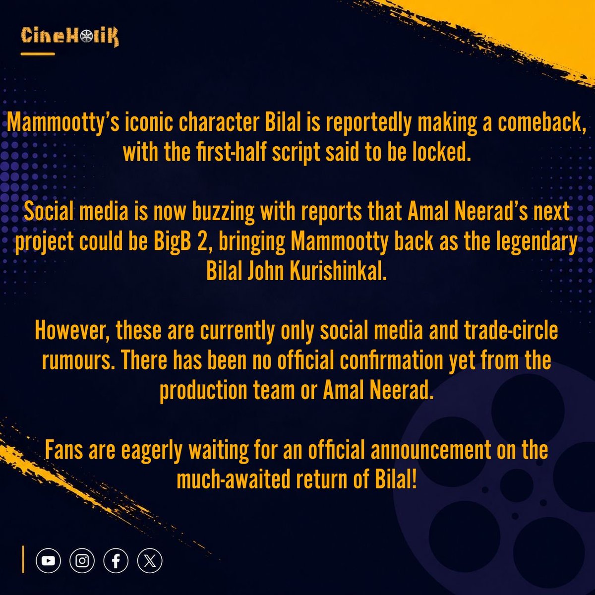 CineHolik_CH's tweet photo. #Mammootty’s iconic character #Bilal is reportedly making a comeback, with the first-half script said to be locked.
#Mammootty #AmalNeerad #BigB2 #BilalJohnKurishinkal https://t.co/Y5KkXuGuHl