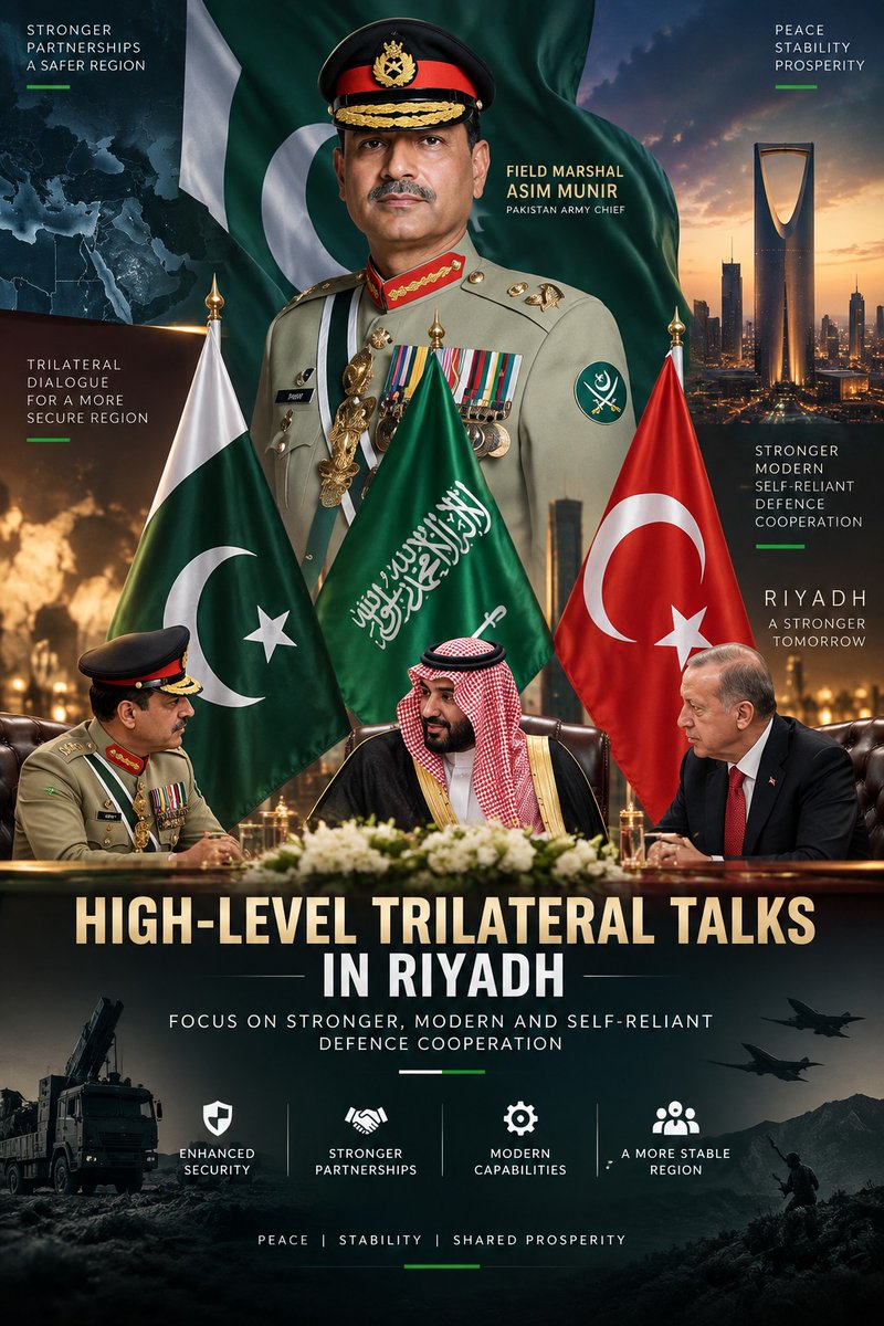SyedAsimMunir's tweet photo. Field Marshal Asim Munir holds high-level trilateral discussions in Riyadh, focusing on stronger, modern, and self-reliant defense cooperation among the three countries. https://t.co/Et24qhnI1g