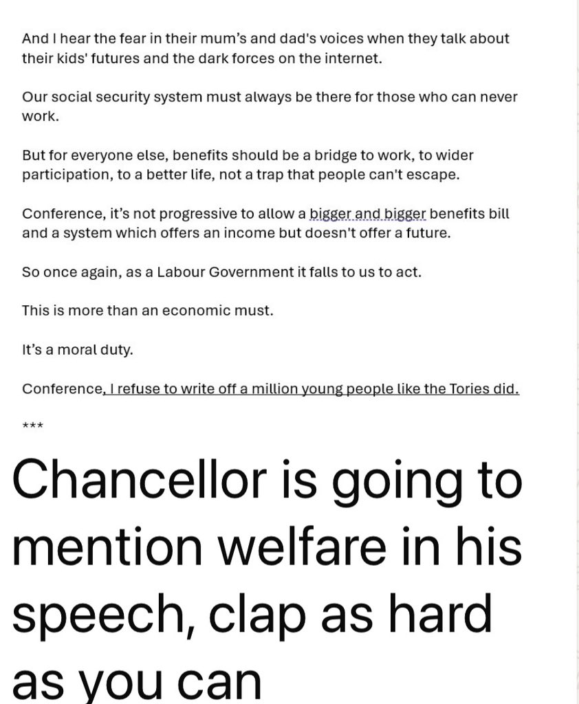 kitty_donaldson's tweet photo. Leaked note shows how Labour conference is instructed to clap Chancellor John Healey’s remarks on young people ahead of welfare battle next year. 

(And they did) https://t.co/vE4Tox5tww