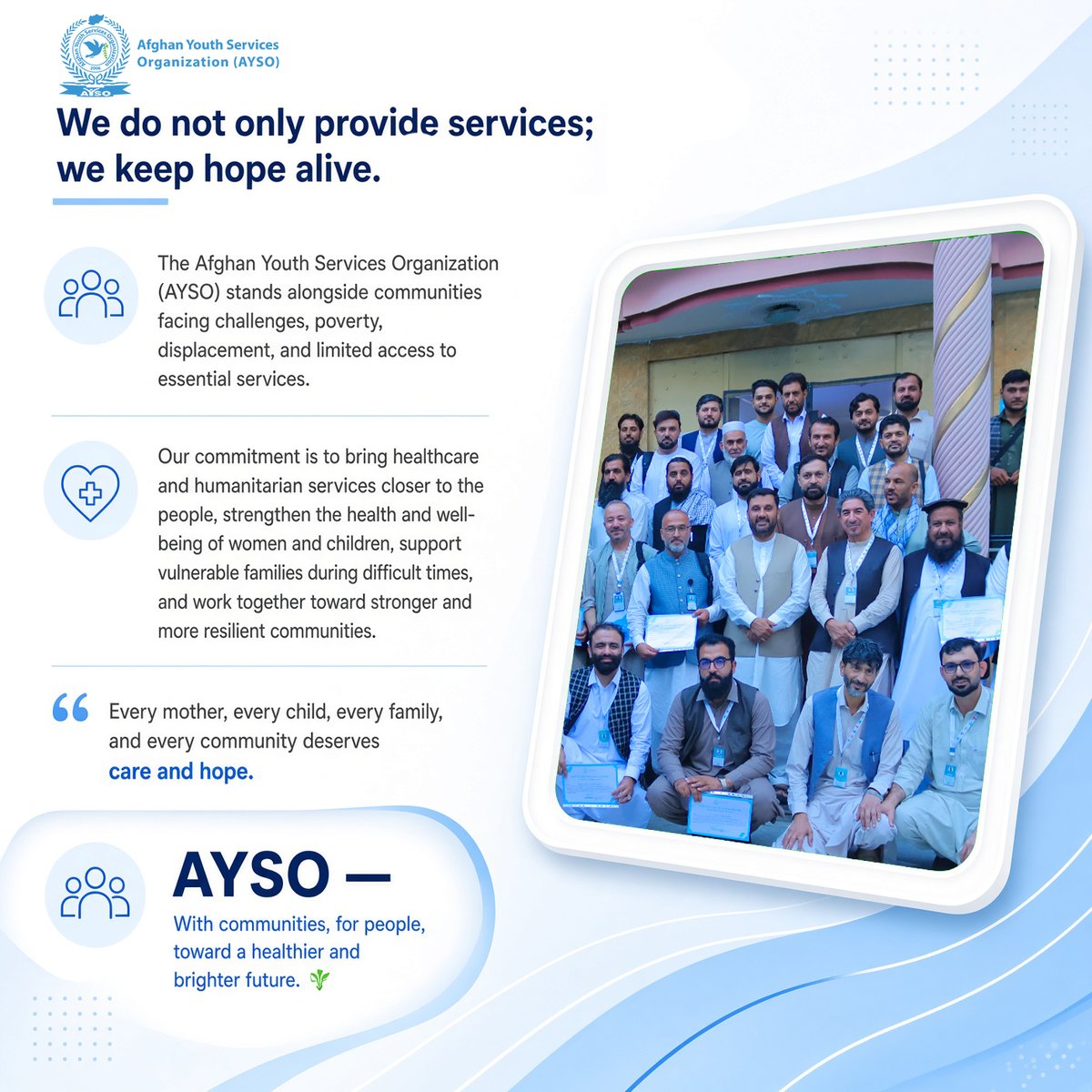 ayso2006's tweet photo. Keeping Hope Alive, Serving Communities. 🤝❤️

#AYSO #AfghanYouthServicesOrganization #HealthAndHope #ServingCommunities #HealthcareForAll #HumanitarianSupport #StrongerCommunities #HopeInAction #Afghanistan #TogetherForAHealthierFuture https://t.co/P2BbjdgN0S