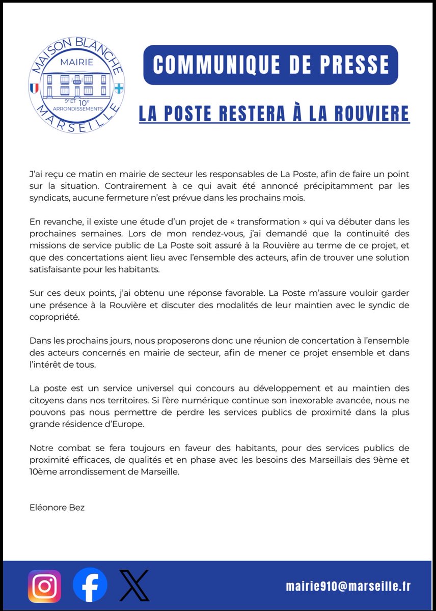 EleonoreBez's tweet photo. La Poste restera à la Rouvière.

Les responsables de La Poste m'ont confirmé vouloir assurer la continuité du service public à la Rouvière.

Les modalités du projet de transformation du bureau seront discutés en mairie de secteur avec les acteurs concernés.

#marseille https://t.co/5PSk2cUbrK