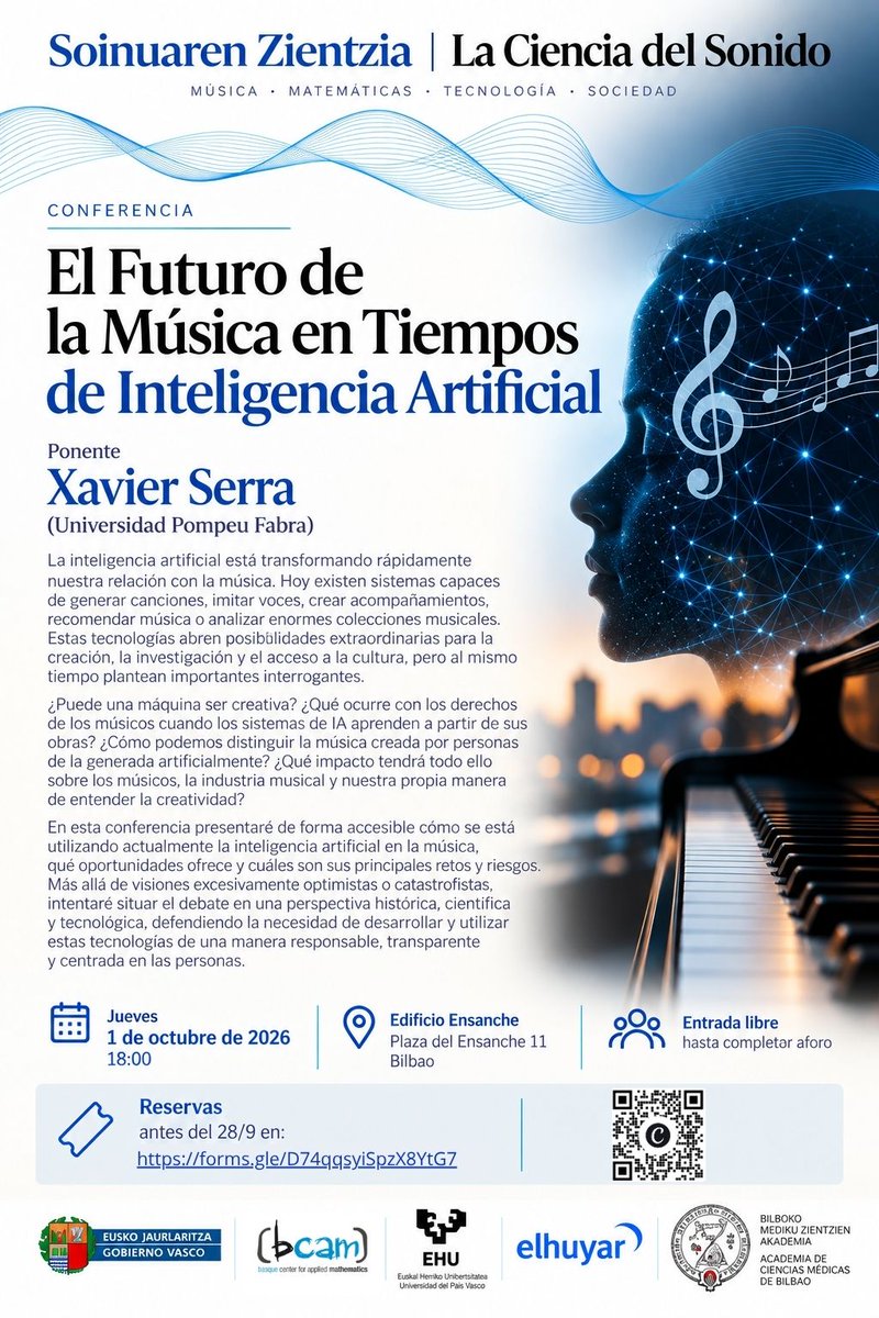 BCAMBilbao's tweet photo. Matemáticas y música: dos citas esta semana con Soinuaren Zientzia 🎹
29/09, 18:00 · Torre Iberdrola: tradición y futuro del piano (Yamaha Disklavier)
01/10, 18:00 · Edificio Ensanche: el futuro de la música en tiempos de IA
Inscripción gratuita → https://t.co/YNq1XQKZsw https://t.co/yLKeTseC6F