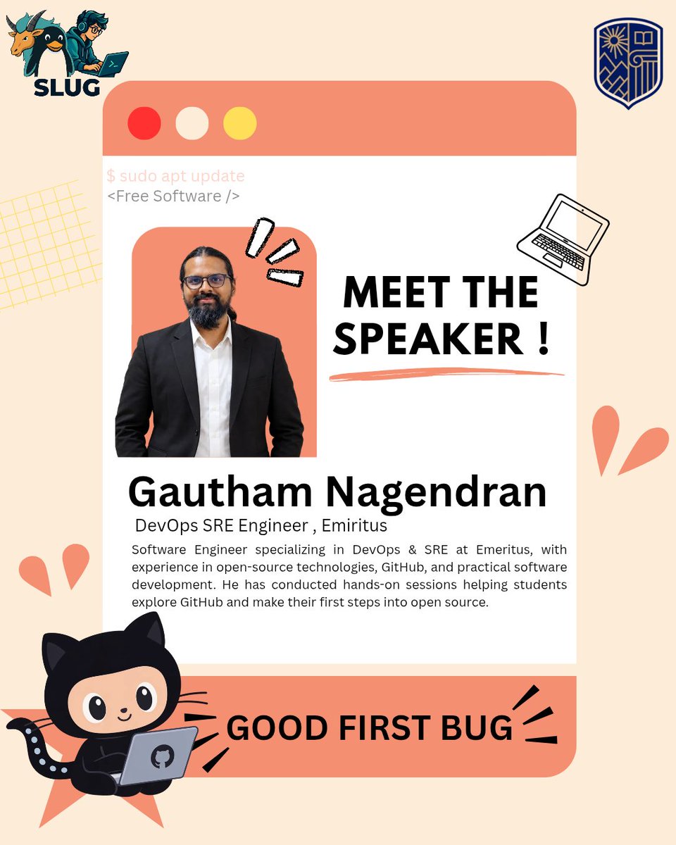 SLUGfisl's tweet photo. 💻 WHAT DOES IT TAKE TO TURN CODE INTO CONTRIBUTIONS? ASK GAUTHAM NAGENDRAN. 👀
Our DevOps & SRE speaker is here to bring Git, GitHub & open-source experience to Good First Bug. 🚀🐧
#GoodFirstBug #GFB #SLUG #GitHub #FOSS #OpenSource https://t.co/2Ykty5QDR9