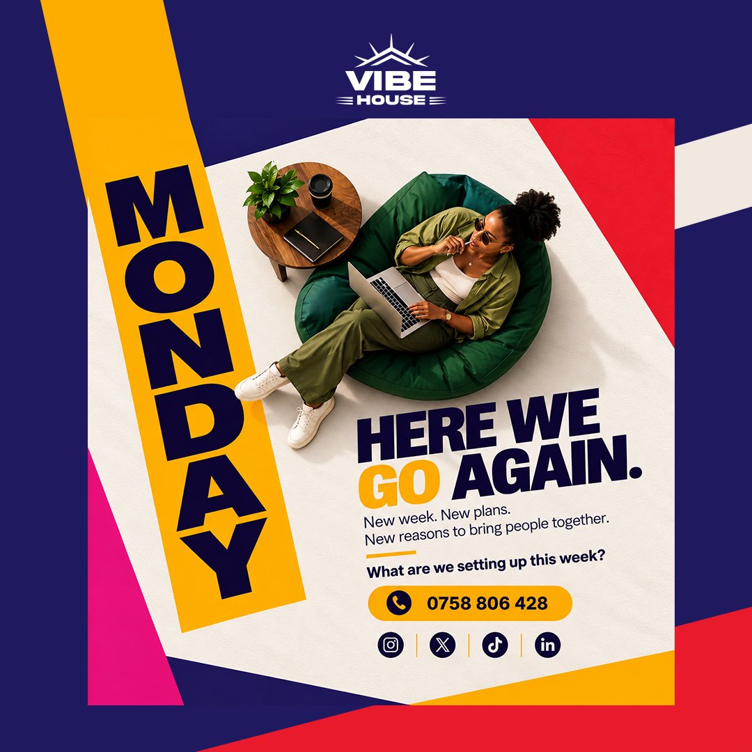 VibeHouseUg's tweet photo. Monday has entered the chat. 
New week. New plans. New reasons to bring people together.

Meetings, launches, celebrations or networking, we’ve got the space for it.

So, what are we setting up this week? 
📞 0758 806 428

#VibeHouseKLA #KampalaEvents https://t.co/0r5lsUuP8R