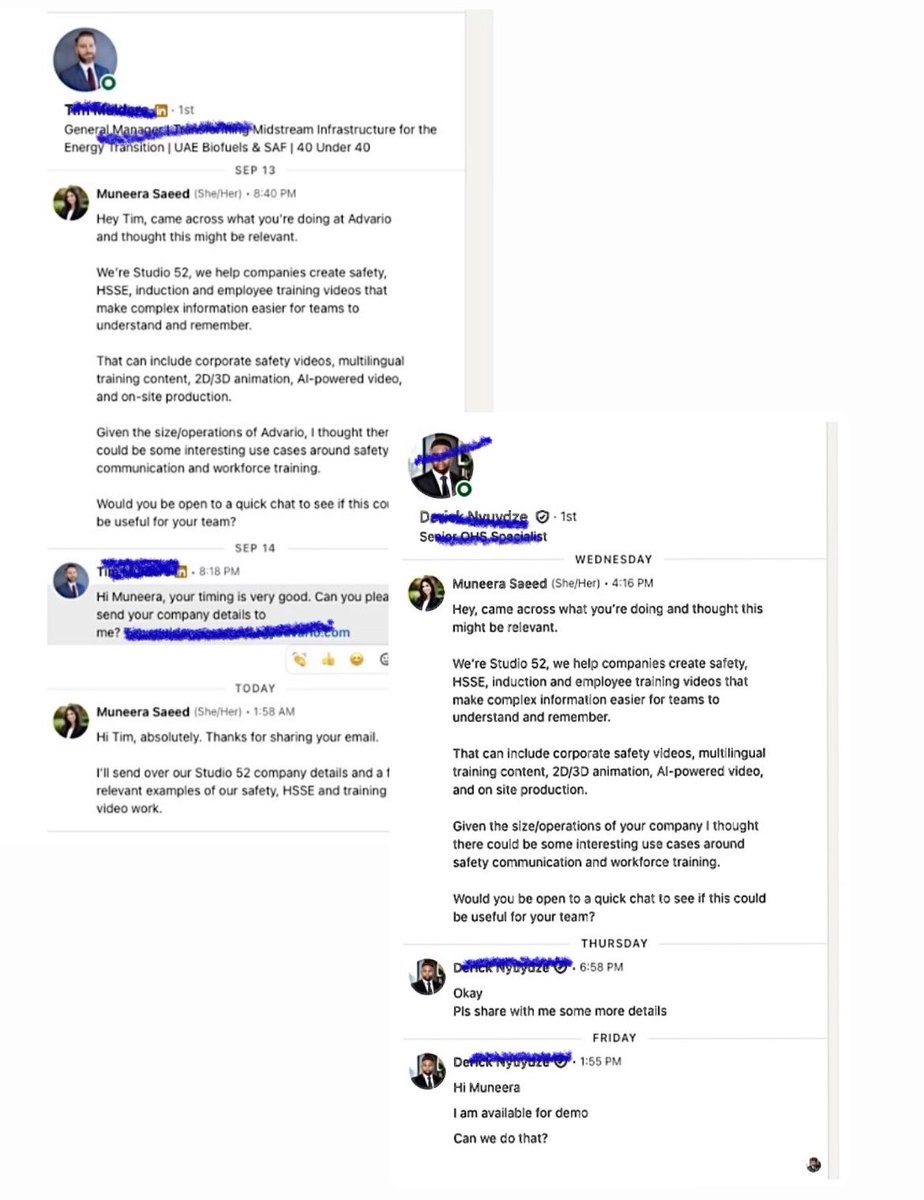 anshdeep_1's tweet photo. A LinkedIn reply is not the goal.
A sales opportunity is.

Here’s an example from our work with Studio 52.

We didn’t just send messages and count replies.

The process was:

Target the right ICP
↓
Start a relevant conversation
↓
Understand the prospect’s problem
↓
Qualify the interest
↓
Move them toward a demo / next step

In one conversation, the prospect asked for more details.

A few messages later:

“I am available for demo. Can we do that?”

That’s what good outbound should do.

Not spam.
Not generic pitches.
Relevant conversations that create opportunities