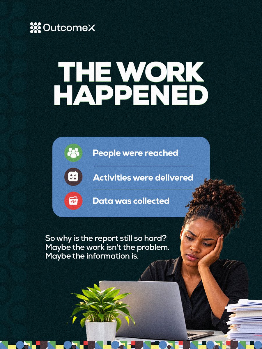 outcomex_'s tweet photo. The programme happened.
Your team did the work.
Information was collected.
Money was spent.
People were reached.

Yet when it's time to prepare the report, you find yourself gathering information from different people, files and places all over again.

OutcomeX brings core https://t.co/lOgQJpBsP6