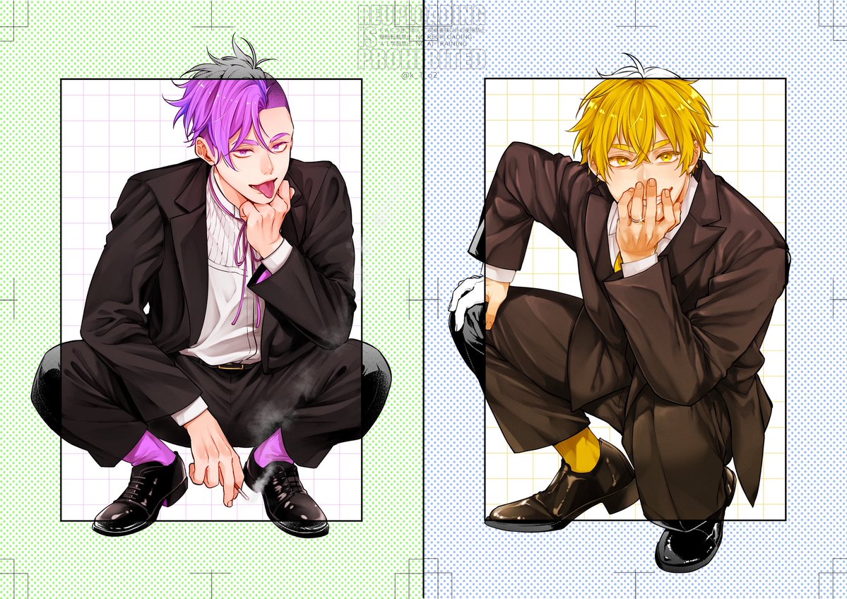 k_1_o2's tweet photo. 今年のお誕生日FAのテーマはカラー×漫画っぽいモノクロで扉絵風でした🥳
文字と装飾で隠れた部分もあるからなしver.もあげちゃう🥳
やっと５人揃えられた〜！来年はどんなのにしようかな💭 https://t.co/WTDAQnF8IH
