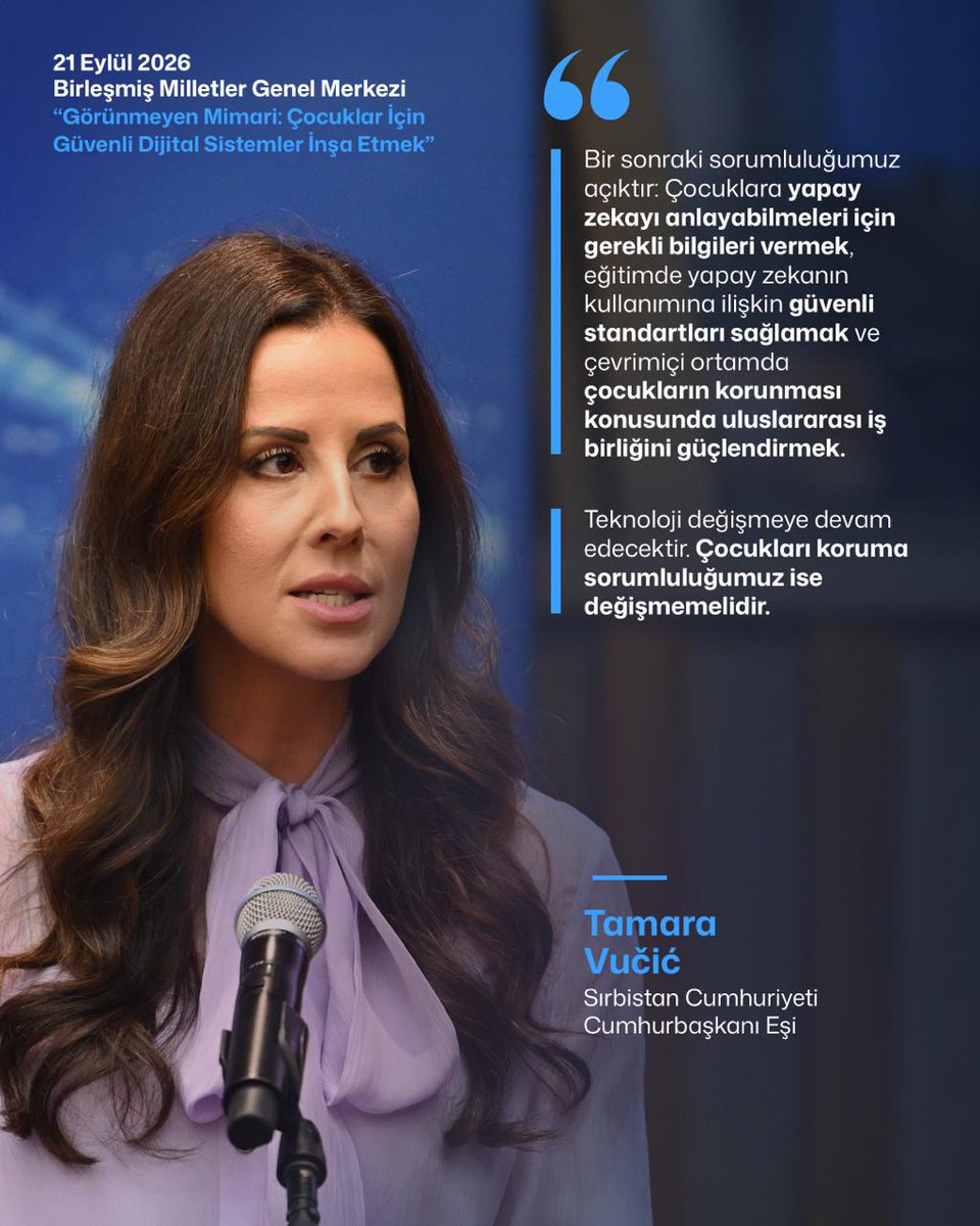 Gulce_Ebrar's tweet photo. Tamara Vučić:

"Bir sonraki sorumluluğumuz, çocuklara yapay zekayı anlayabilmeleri için gerekli bilgileri vermek, eğitimde yapay zekanın kullanımına ilişkin güvenli standartları sağlamak ve çevrimiçi ortamda çocukların korunması için uluslararası iş birliğini güçlendirmektir." https://t.co/fFHHni0PLa