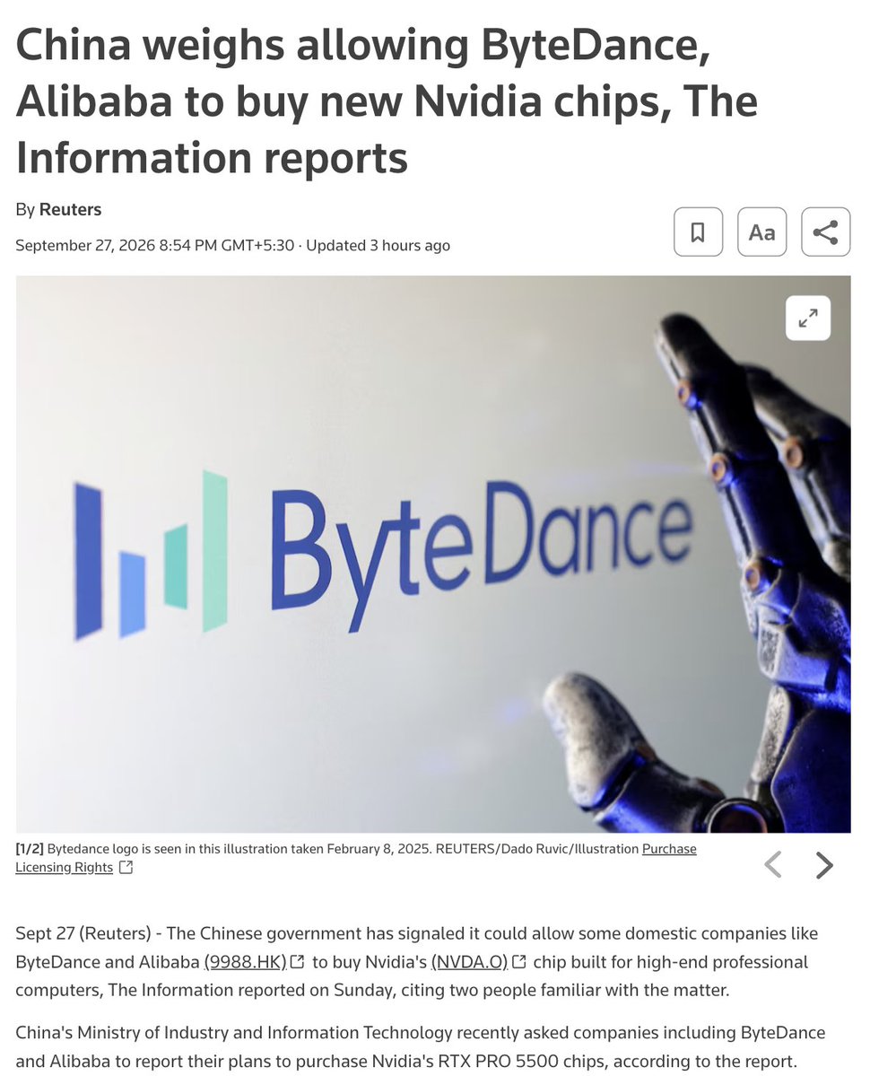 shawnchauhan1's tweet photo. China's government is asking Alibaba, ByteDance and others to report their plans to buy Nvidia's RTX Pro 5500.

It says it intends to approve the purchases.

Read that carefully. Compute is now allocated by capitals, not just budgets.

Any AI vendor tied to a specific chip supply carries a geopolitical dependency, and so does every customer of that vendor.

Open models run on whatever hardware you can get.
That isn't a slogan. It's supply-chain resilience.

Your AI strategy has a chip policy inside it, whether you wrote one or not.
