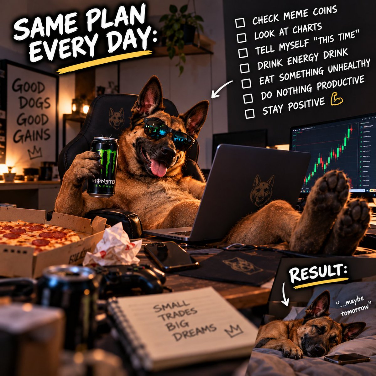 MalinoisCoin_'s tweet photo. POV: You had a plan for the day.

The plan:
📈 Check the charts
🐕 Check MAL
🍕 Eat something
💀 Do absolutely nothing productive
At least the Malinois is having a good day. 😂🐕
#MAL #MalinoisCoin #Crypto https://t.co/2q70So4Uua