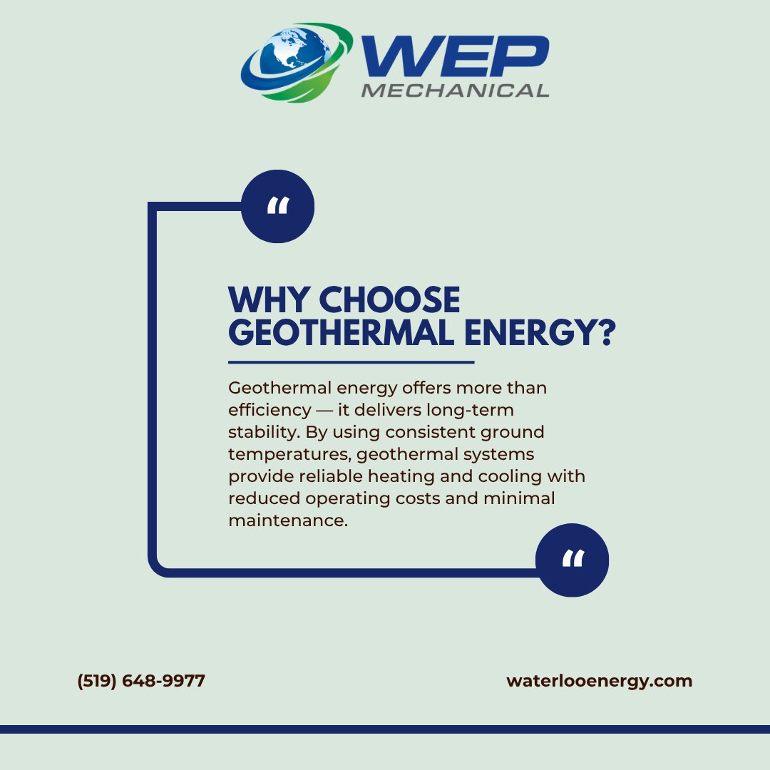 WaterlooEnergy's tweet photo. Geothermal energy offers more than efficiency — it delivers long-term stability. By using consistent ground temperatures, geothermal systems provide reliable heating and cooling with reduced operating costs and minimal maintenance. Call (519) 648-9977 https://t.co/d9LiO4AcbO