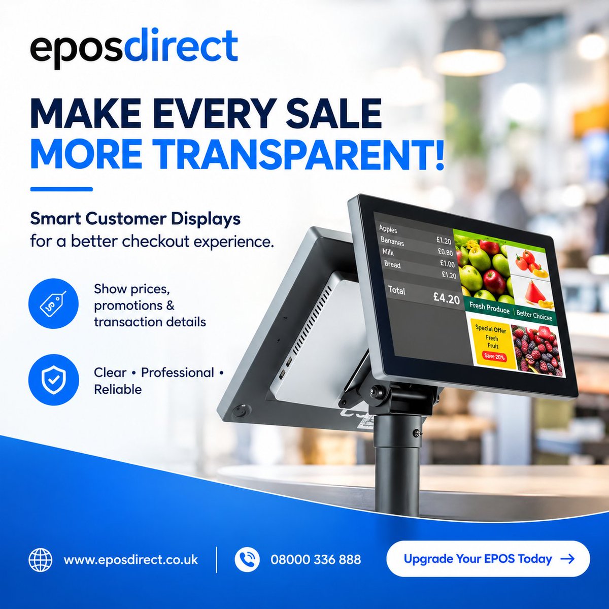eposdirect's tweet photo. Make every sale more transparent!

Smart EPOS customer displays help show prices, promotions &amp; transaction details clearly at checkout.

✔ Clear
✔ Professional
✔ Reliable

🌐 https://t.co/8HHtLoHOeH
📞 08000 336 888

#EPOS #Retail #CustomerDisplay #EPOSSystem #Business #UK https://t.co/JkD1hpbihU
