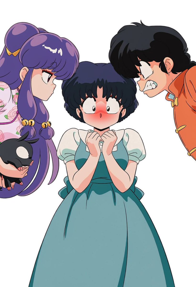 fuwahina_mafia's tweet photo. 【らんま日常シリーズ第20弾！🎁✨】
あかねの胸元に黒い子豚（Pちゃん）の姿で完璧に甘えにきた良牙と、それを左のフチから可愛いヤキモチのジト目でチクチク睨みつけるシャンプー❕そして右のフチから「おい、お前あかねに何してんだ⁉️」と上半身をガクッと前かがみに折って、呆れと嫉ーストでブチ切れて覗き込んでいる男乱馬の日常修羅場ギャグシーン❕あえて余計な背景の色ノイズはすべて引き算して、公式アニメのセル画本来のクリアな一本線の美しさと、3人の前のめりな等身レイアウトのキレを100%活かして仕上げました。いつも私の手描きイラストを見てくれて、本当にありがとう❕🐾
Shampoo and Ranma glaring at P-chan on Akane's chest! Adorable chaotic comedy scene! 😍💥
#らんま #乱馬 #シャンプー #Shampoo #Ranma #fanart #手描きイラスト #ibisPaint