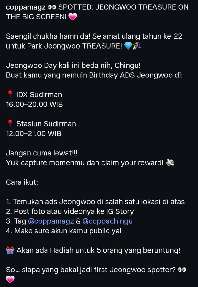 PJWclique's tweet photo. Birthday ADS Jeongwoo TREASURE hadir di IDX Sudirman &amp; Stasiun Sudirman!🎂✨

Ayo ikutan event SPOTTED JEONGWOO TREASURE ON THE BIG SCREEN by @coppamagz di IG, capture moment mu dan klaim hadiahnya 🎁

#BestVocalTurnsTwentyTWOO
#ジョンウに愛の花束を
#정우를향한사랑이피어나는곳 https://t.co/s7K3deIl7S