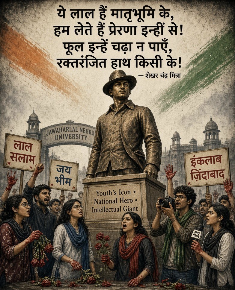 ShekharMitr's tweet photo. ये लाल हैं मातृभूमि के,
हम लेते हैं प्रेरणा इन्हीं से!
फूल इन्हें चढ़ा न पाएँ,
रक्तरंजित हाथ किसी के!
   -शेखर चंद्र मित्रा 
#BhagatSingh #लाल_सलाम 
#जयभीम #इंकलाब_जिंदाबाद https://t.co/I86ezGuQJM