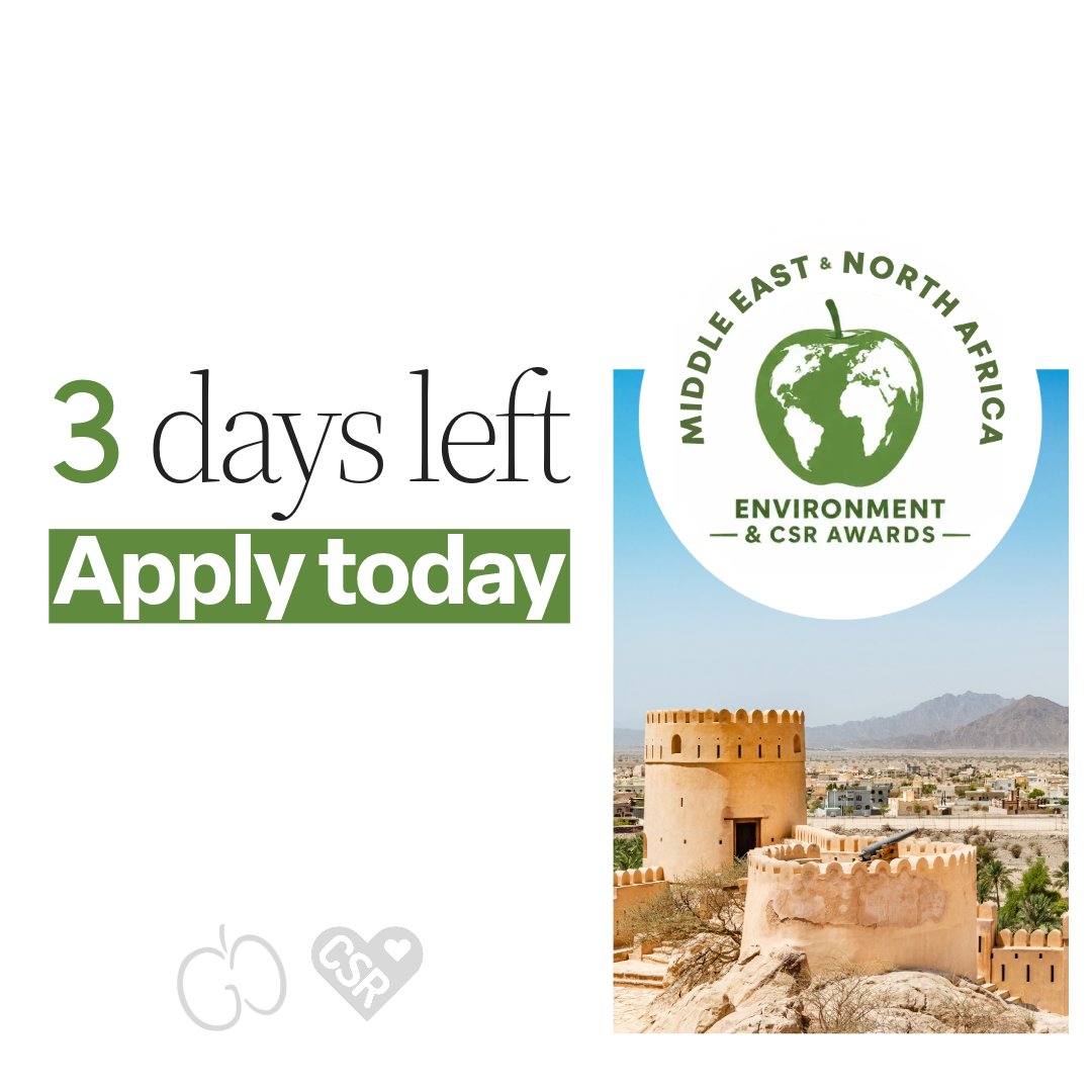TheGreenOrg's tweet photo. Quick reminder…

3 days to go until the Earlybird deadline for the new MENA Environment &amp; CSR Awards.  

Get your entry in.  

👉 Find out more and apply here: https://t.co/CL3kcBisJw

 #MENA #CSRAwards #GreenAppleAwards https://t.co/bDMa14XIHK