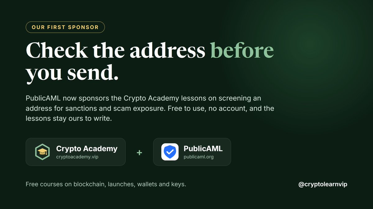 cryptolearnvip's tweet photo. Wrong address, wrong network, fake site, unread signature. That's where most everyday crypto losses come from.

So our first sponsor makes sense: PublicAML, free address screening. Now beside the Crypto Academy lessons on checking an address.

https://t.co/k9p1gzTIR4 https://t.co/JBXOGpI09W