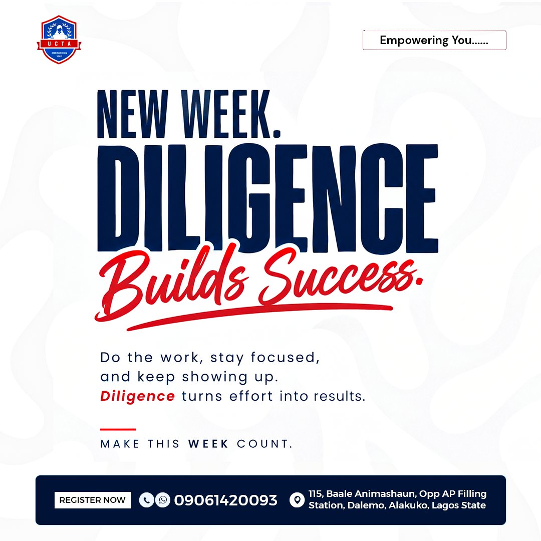uptechacademy's tweet photo. 💪 NEW WEEK. NEW DISCIPLINE.

Success is built through consistency, focus, and showing up-even when it’s difficult.

What’s one goal you’re committed to achieving this week? 👇

📍 Uptech Computer Training Academy, Dalemo, Alakuko, Lagos
📞 09061420093 https://t.co/otHIkZ1bbF