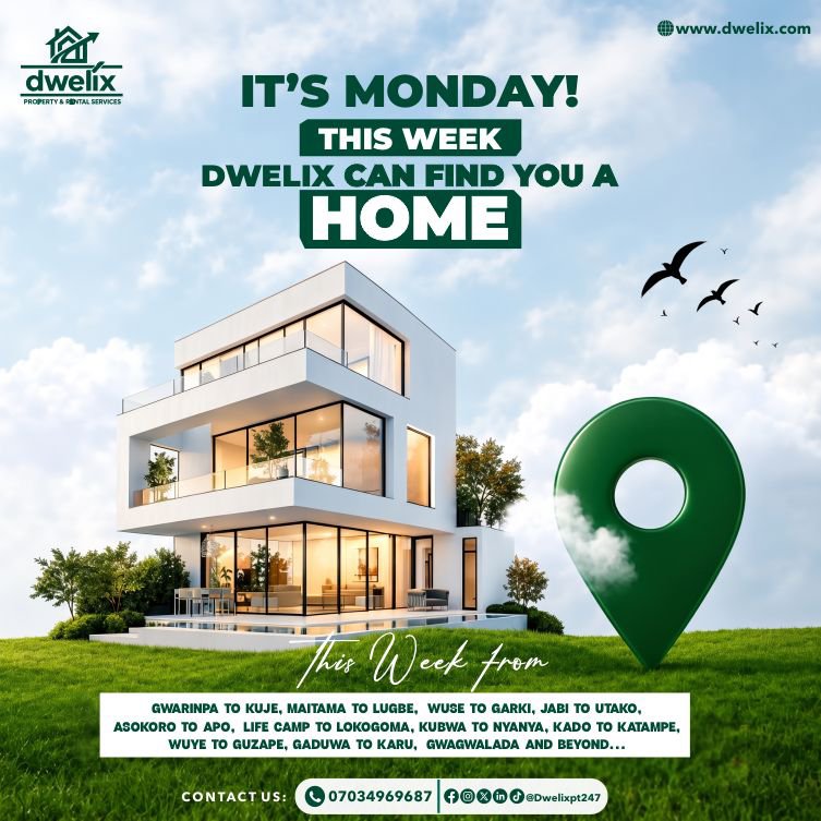 Dwelixpt247's tweet photo. It’s Monday!
New week. New opportunities. Maybe it’s time for a new home?
From Gwarinpa to Kuje, Maitama to Lugbe and beyond, Dwelix makes finding a home in Abuja easier.
No endless searching.
No unnecessary Stress.
#Dwelix #AbujaRentals #HouseHunting https://t.co/TDDlLMuAKN
