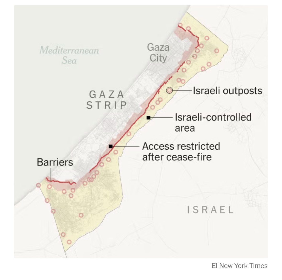 leosarro's tweet photo. Cómo Israel ha tomado el control de más territorio de Gaza a pesar del alto el fuego.
Según un análisis de imágenes satelitales realizado por The New York Times, las fuerzas israelíes han fortificado posiciones, construido al menos una docena de puestos militares avanzados y se han adentrado más en el territorio, más allá de la línea de retirada acordada.
Israel también ha creado una "zona naranja" con acceso restringido, lo que obliga a los palestinos y a las organizaciones humanitarias que se encuentren allí a coordinar sus desplazamientos con el ejército.

https://t.co/sIxAidTuPA