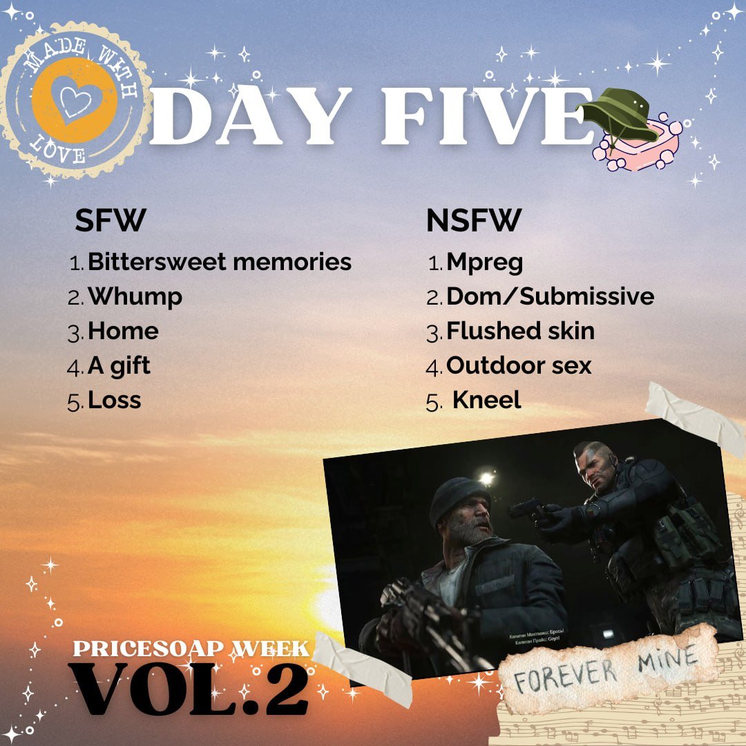 pricesoapweek's tweet photo. Day five 
Bittersweet memories, Whump,  Home, A gift, Loss
-Mpreg, Dom/Submissive, Flushed skin,  Outdoor sex,  Kneel https://t.co/FhrihqoUU6