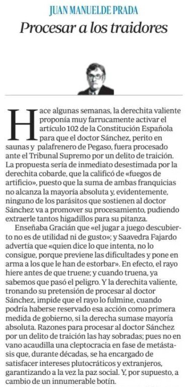 Agencia_FARO's tweet photo. Juan Manuel de Prada: «Desde su refundación tutelada por la CIA en Suresnes, el partido de Estado no ha tenido otra ocupación sino la traición; no existe, como pretenden los pánfilos y los constitucionalistas chorlitos, un PSOE bueno y un PSOE malo».

https://t.co/qX5MglUBHL https://t.co/r9zIeZbNRY