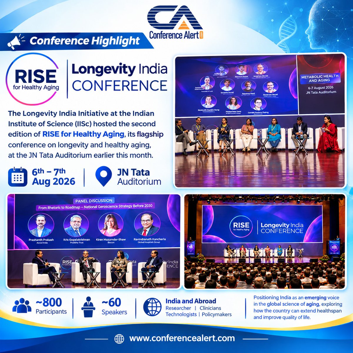 Conf_Alert_Com's tweet photo. Conference Alert proudly presents the highlights of the Longevity India Conference – RISE for Healthy Aging.

📅 6th–7th Aug 2026
📍 JN Tata Auditorium
🏛️ Organizer: @iiscbangalore
👥 800 Participants | 60 Speakers
🌐 Discover more conferences at https://t.co/bUxFGGradR https://t.co/7IybWwmOA3