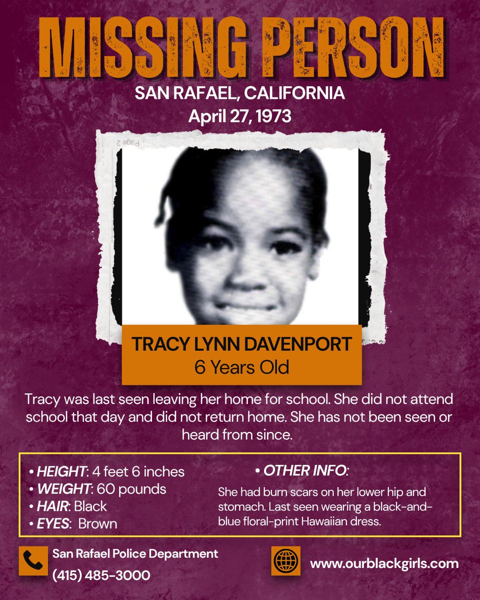 OurBlackGirls's tweet photo. Tracy was last seen leaving her home for school. She did not attend school that day and did not return home. She has not been seen or heard from since.
#OurBlackGirls #Missing #California #MissingKids https://t.co/15HW7C4Znc
